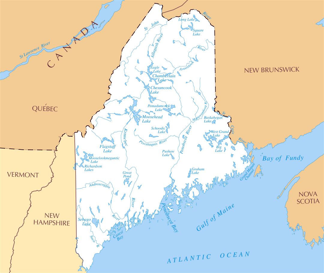 Large rivers and lakes map of Maine state