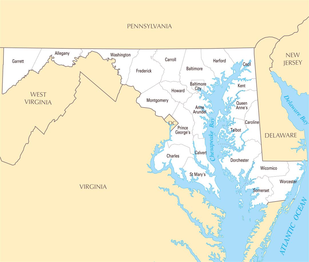Large administrative map of Maryland state