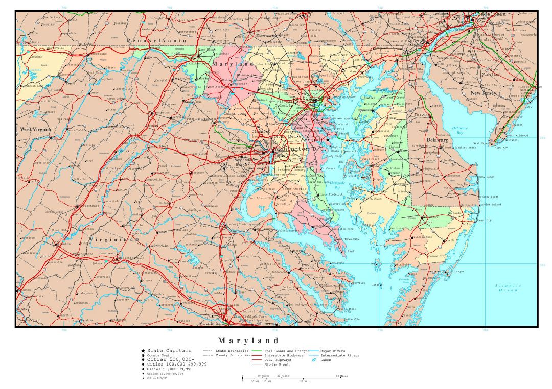 Large detailed administrative map of Maryland state with roads, highways and major cities