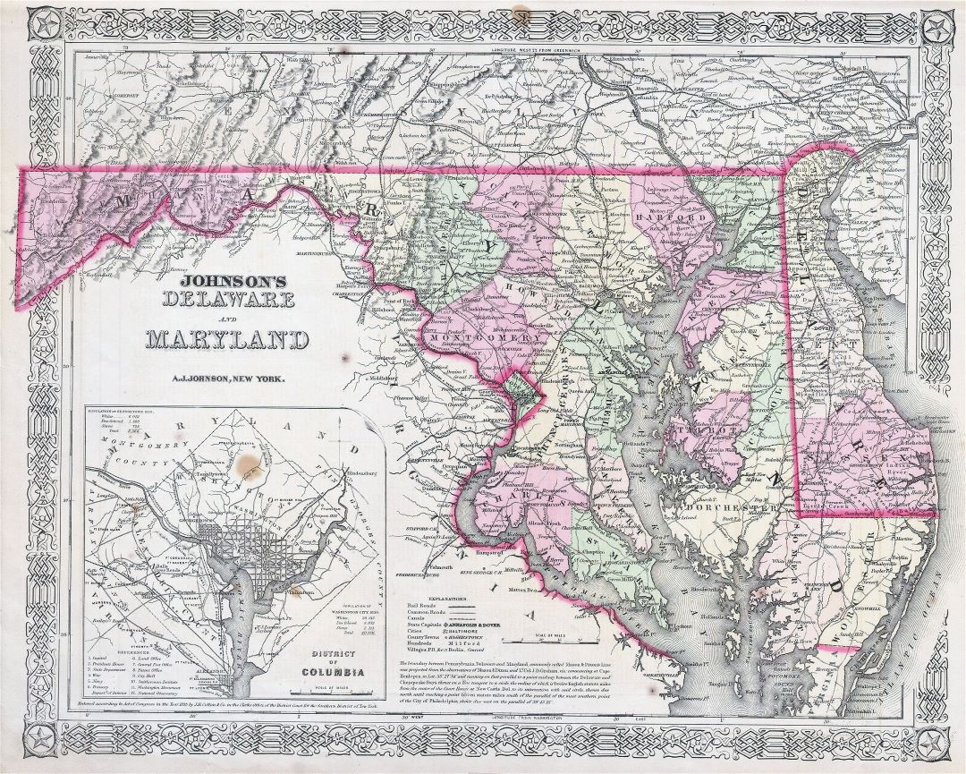 Large detailed old administrative map of Maryland and Delaware with roads, railroads and cities - 1864
