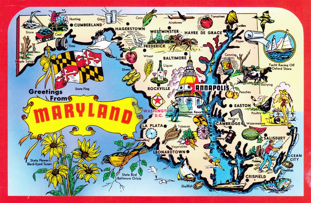 Large detailed tourist illustrated map of Maryland state