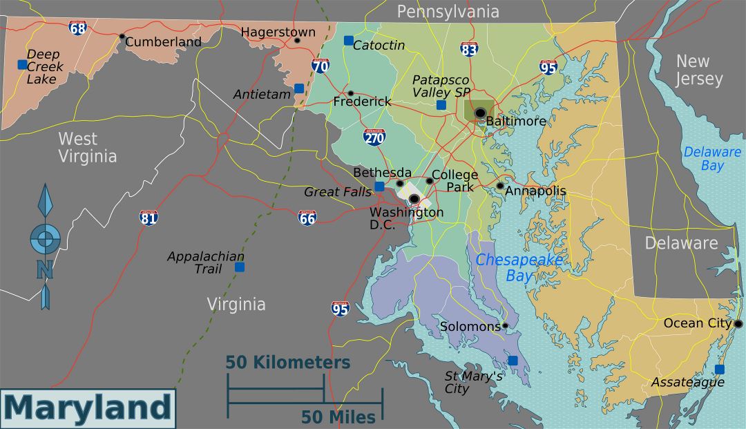 Large regions map of Maryland state