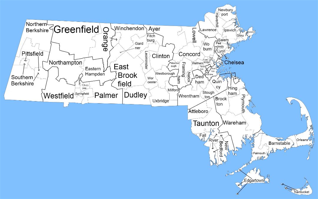 Large administrative map of state of Massachusetts
