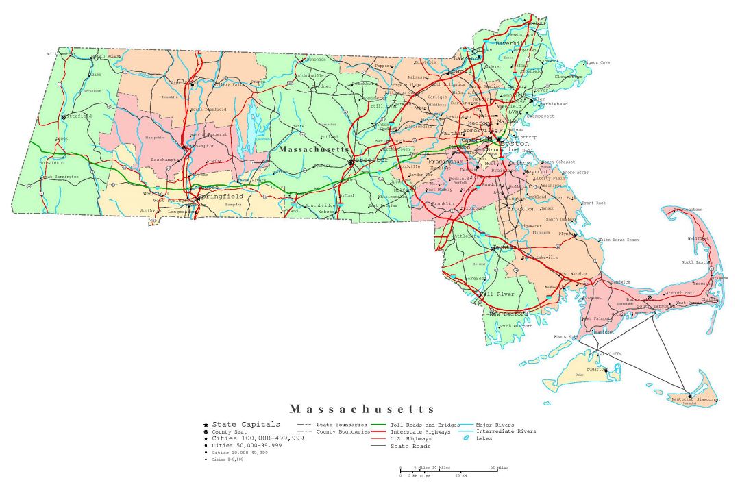 Large detailed administrative map of Massachusetts state with roads, highways and cities