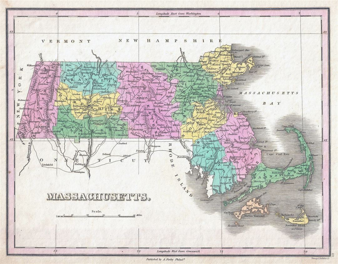 Large detailed old administrative map of Massachusetts state with cities - 1827