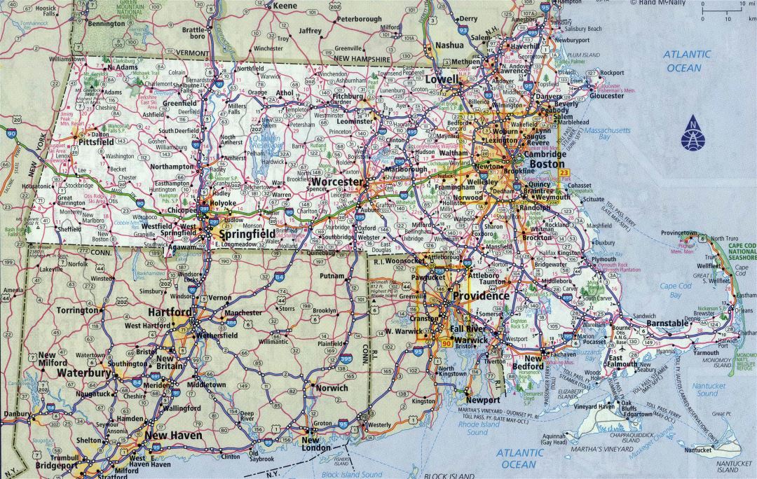 Large detailed roads and highways map of Massachusetts state with all cities
