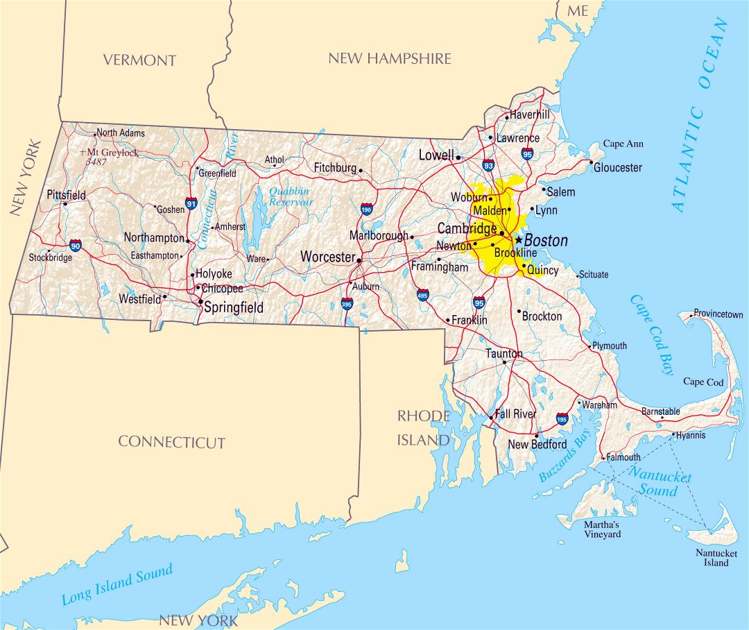 Large map of Massachusetts state with roads, highways, relief and major cities