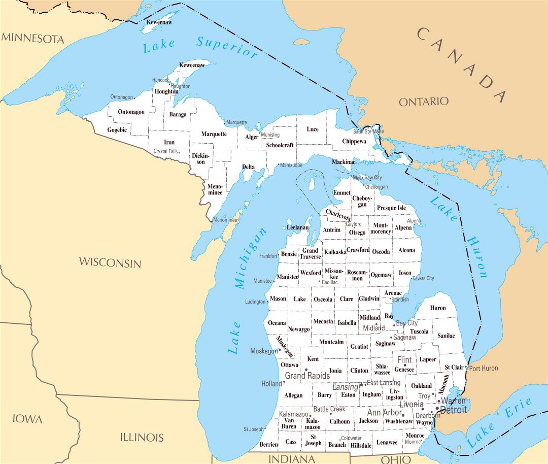 Large administrative map of Michigan state