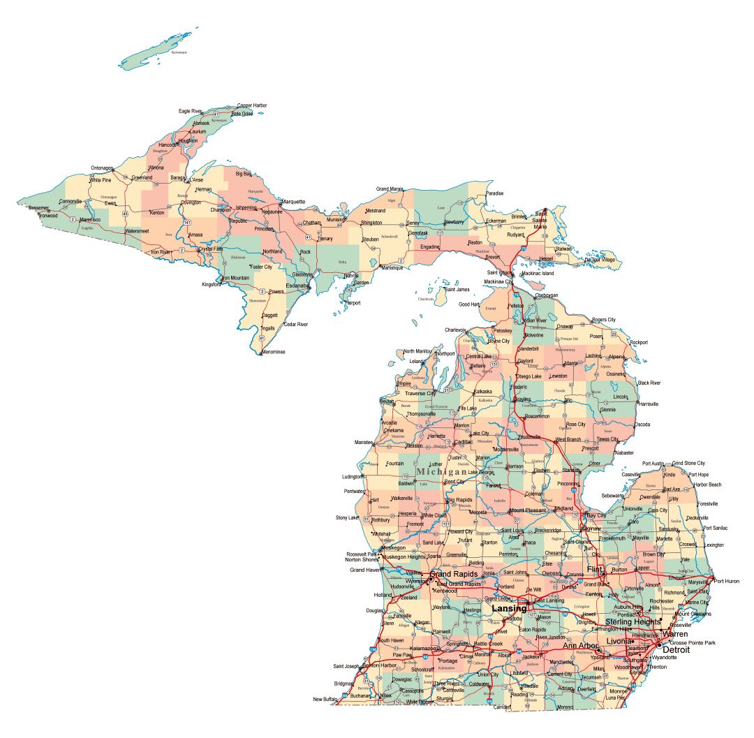 Large administrative map of Michigan state with roads, highways and cities