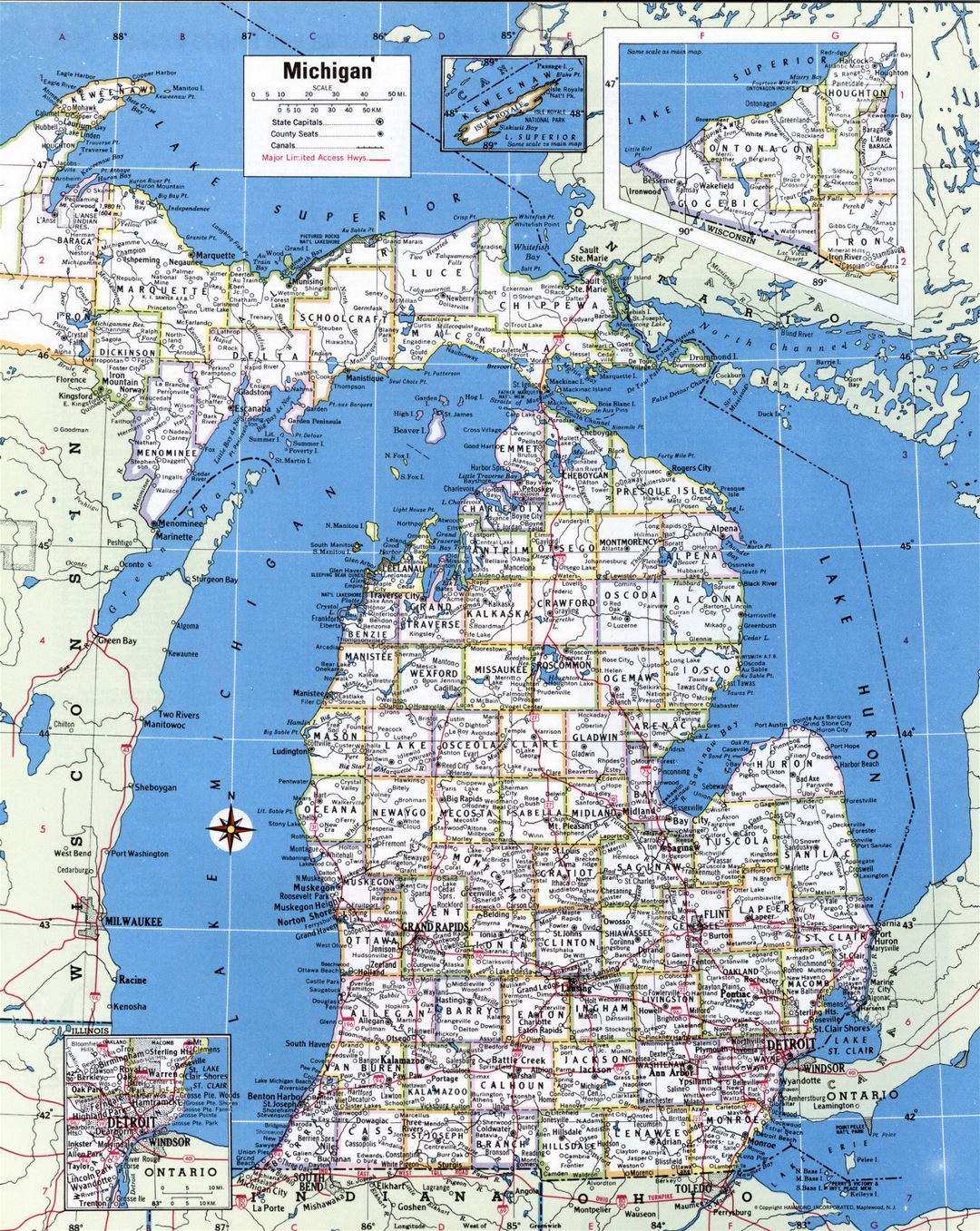 Large detailed administrative map of Michigan state with roads and cities