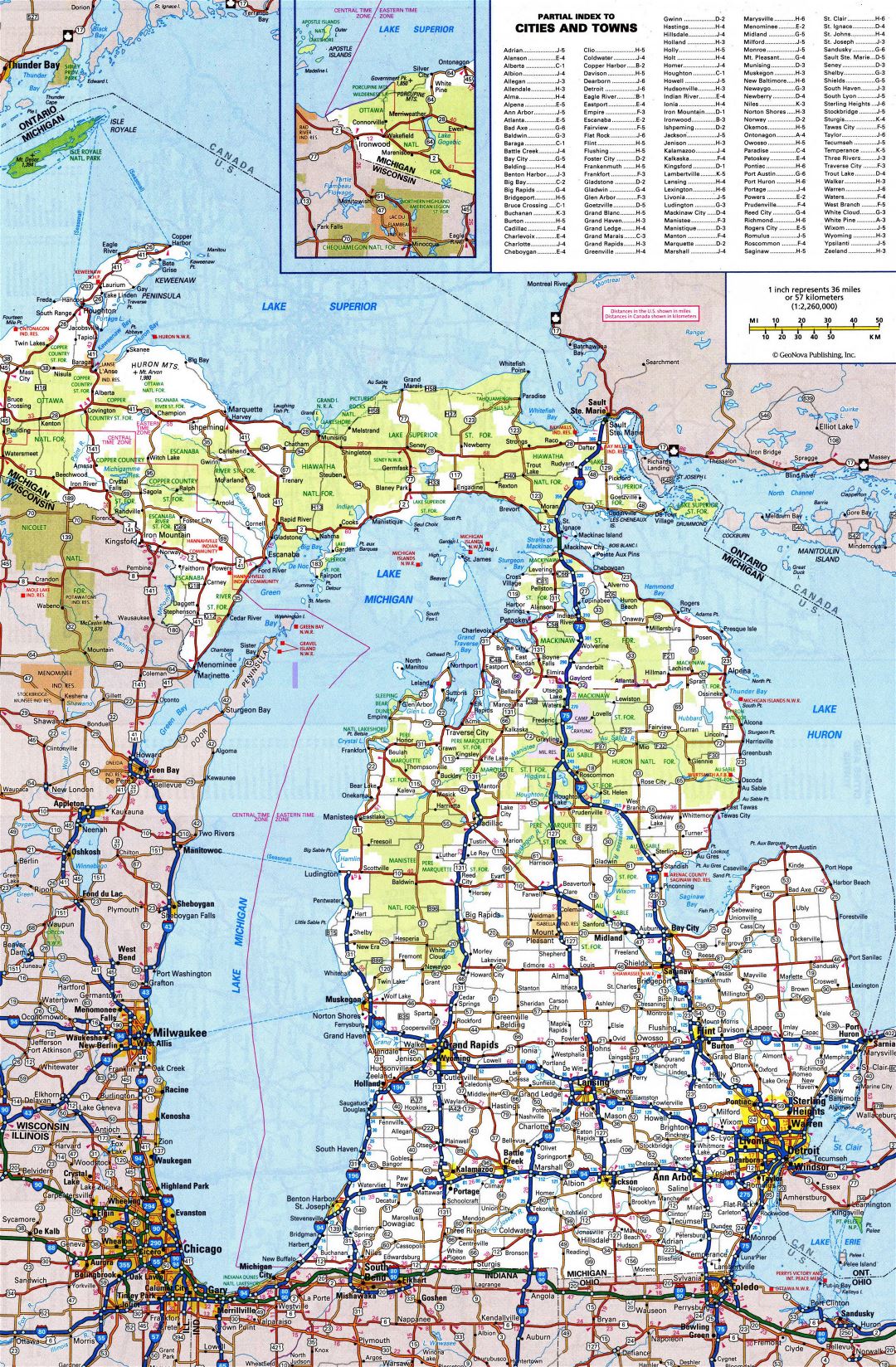 Large detailed roads and highways map of Michigan state with all cities and national parks