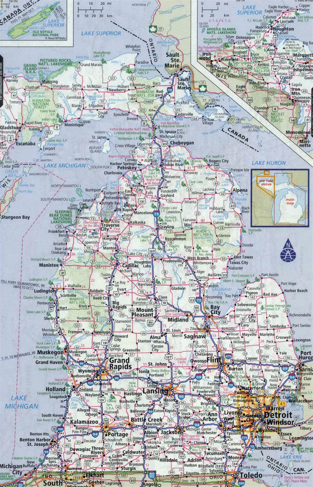 Large detailed roads and highways map of Michigan state with all cities
