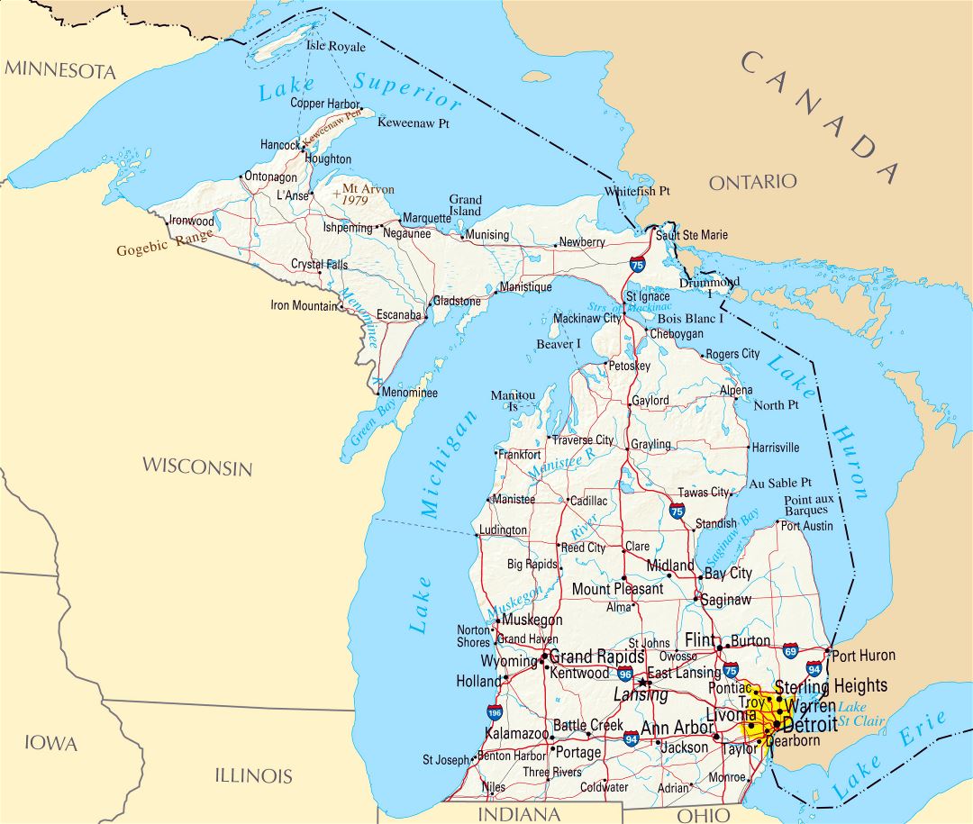 Large map of Michigan state with roads, highways, relief and major cities