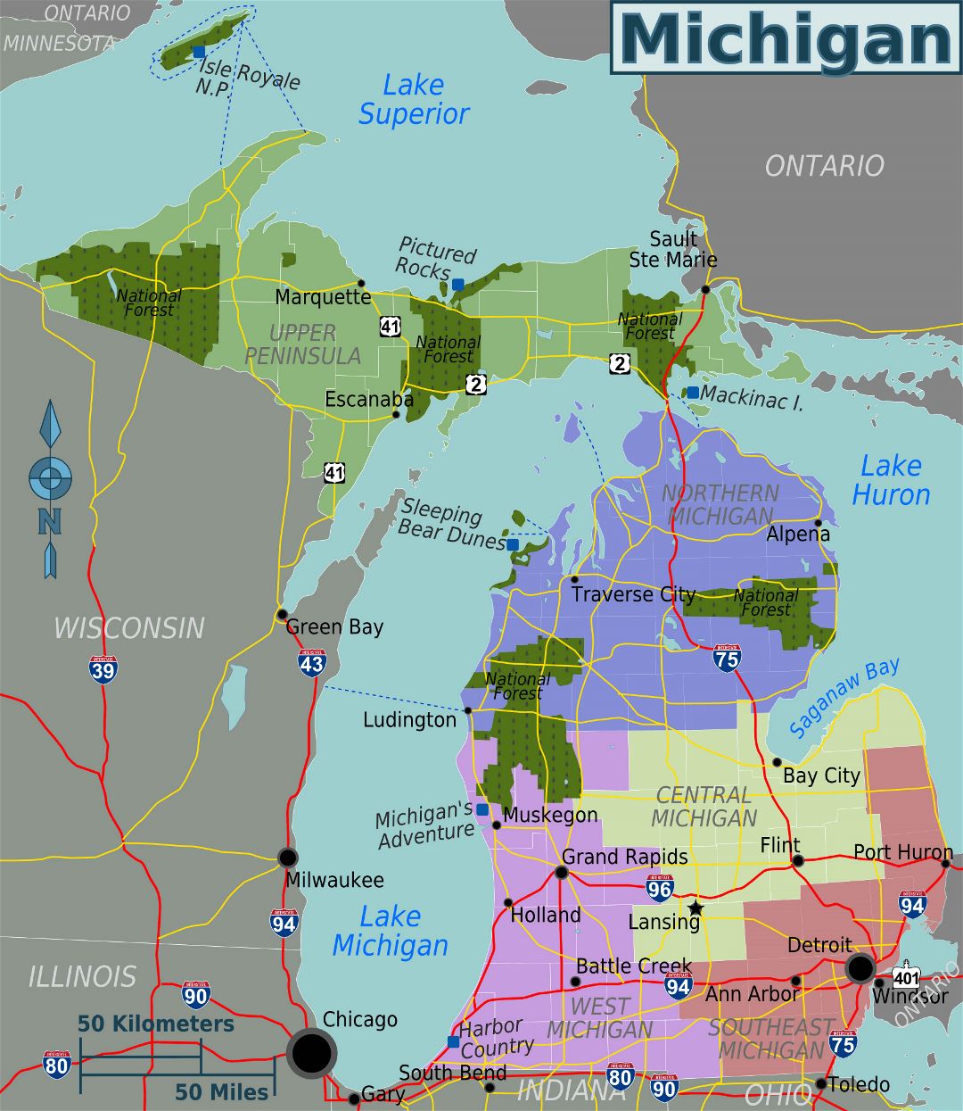 Large regions map of Michigan state