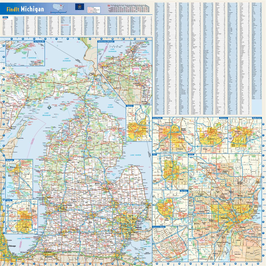 Large roads and highways map of Michigan state with national parks, all cities, towns and villages