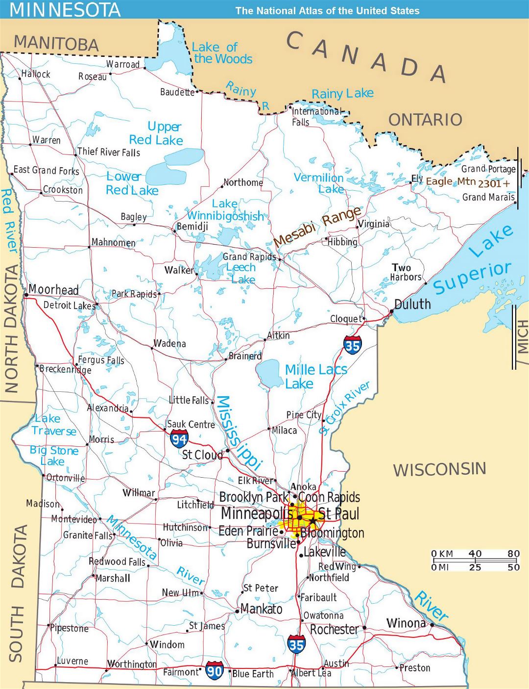 Large detailed map of Minnesota state with roads and major cities