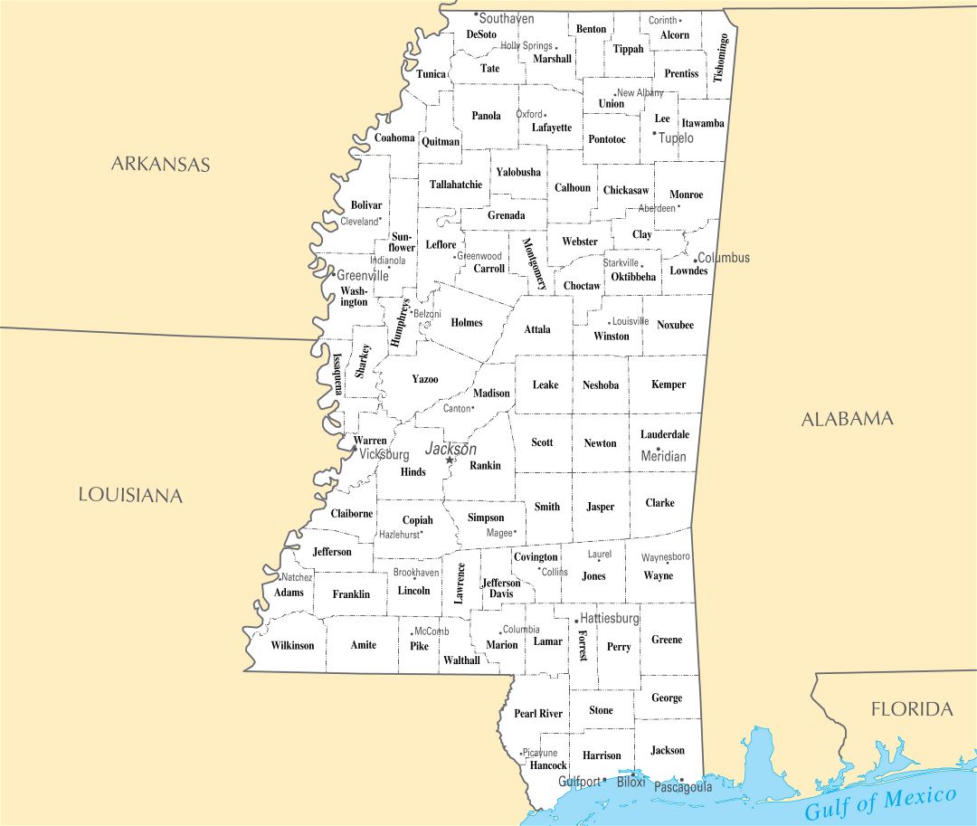 Large administrative map of Mississippi state