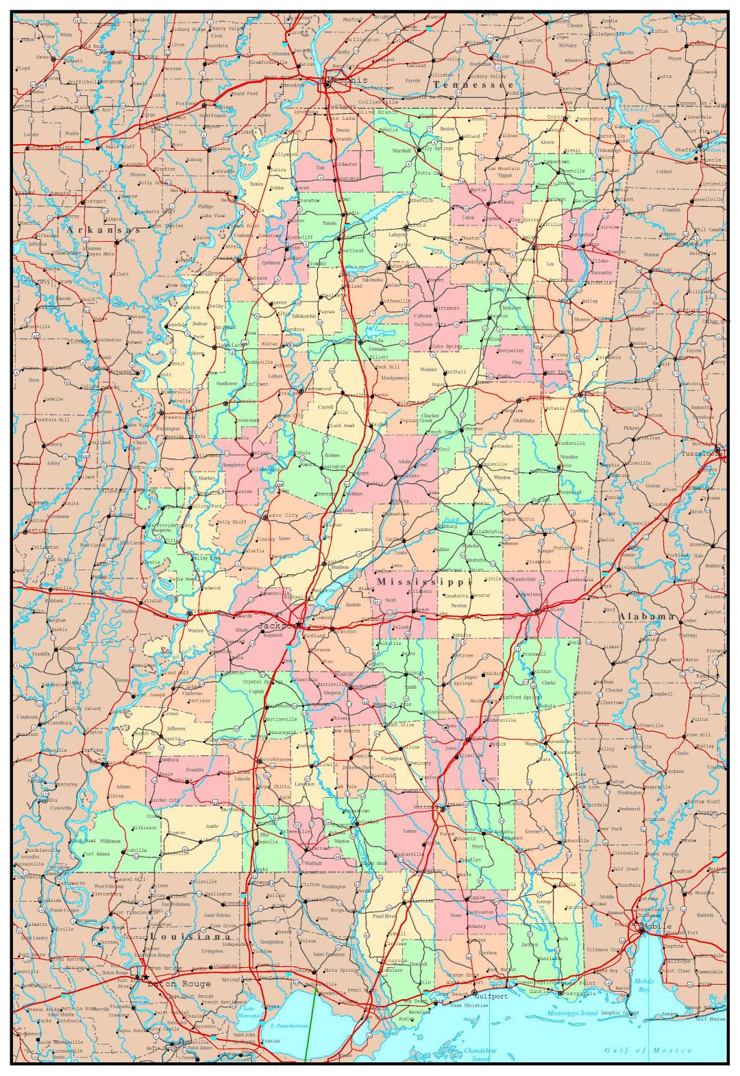Large detailed administrative map of Mississippi state with roads, highways and major cities