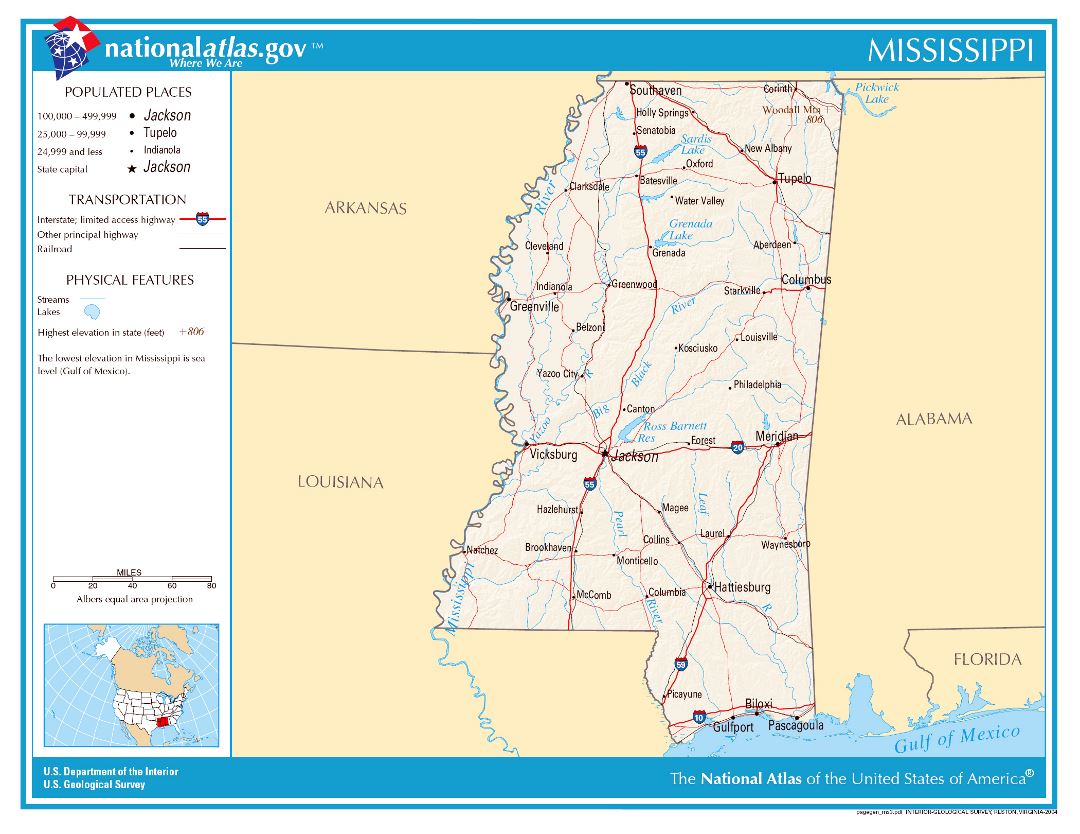 Large detailed map of Mississippi state