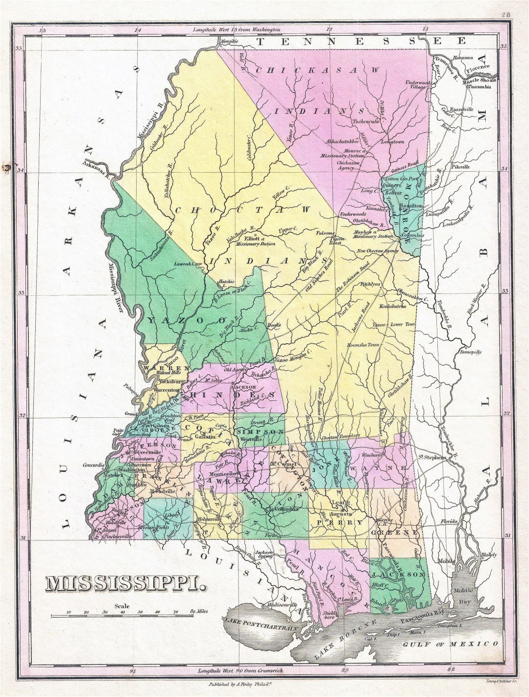 Large detailed old administrative map of Mississippi state - 1827