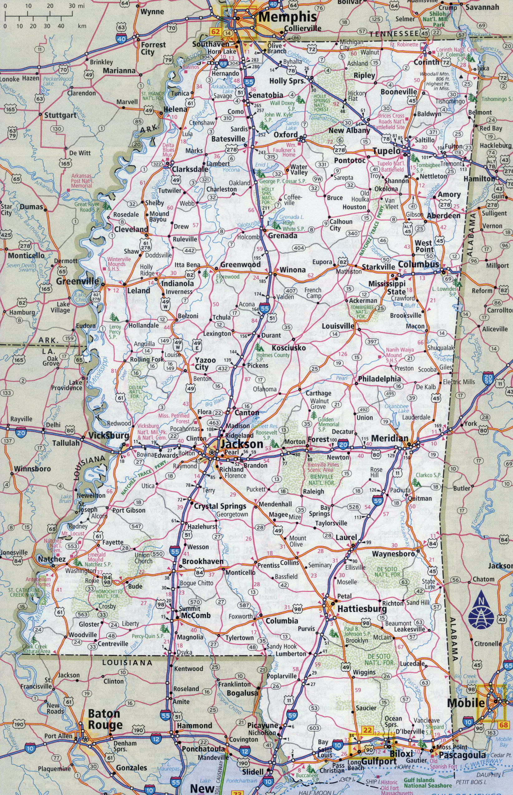 Large Detailed Roads And Highways Map Of Mississippi State With All Cities 