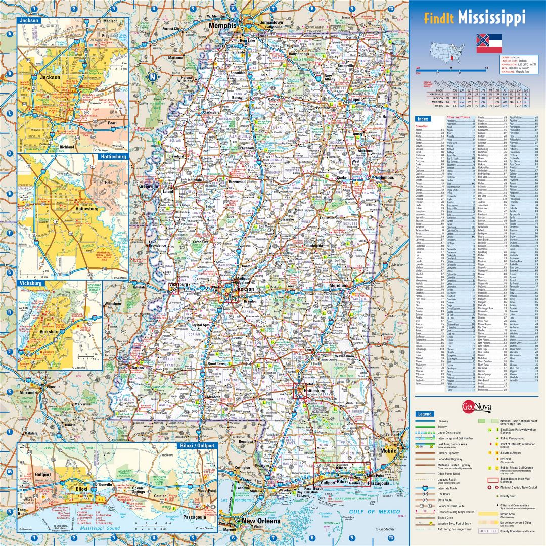 Large detailed roads and highways map of Mississippi state with national parks, all cities, towns and villages