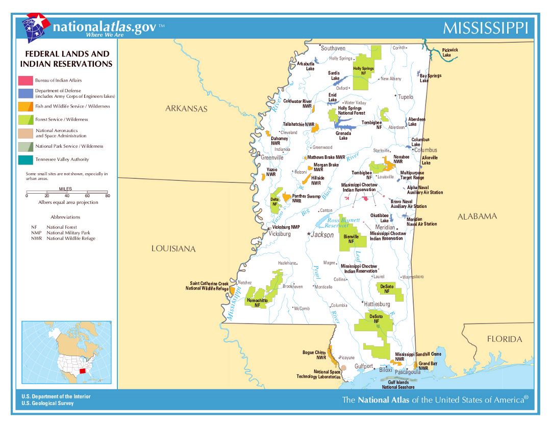 Large map of Mississippi state Federal Lands and Indian Reservations