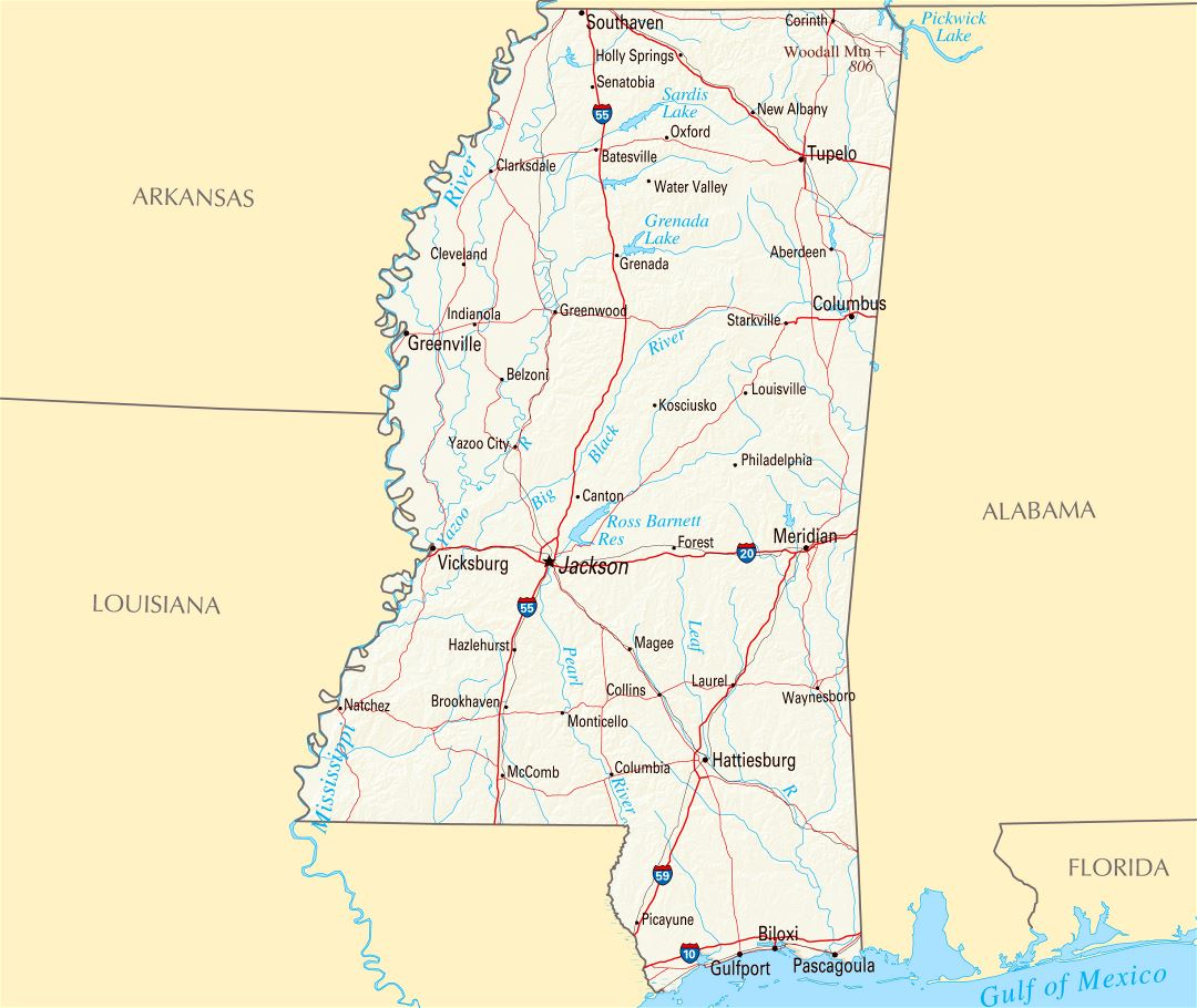 Large map of Mississippi state with roads, highways, relief and major cities