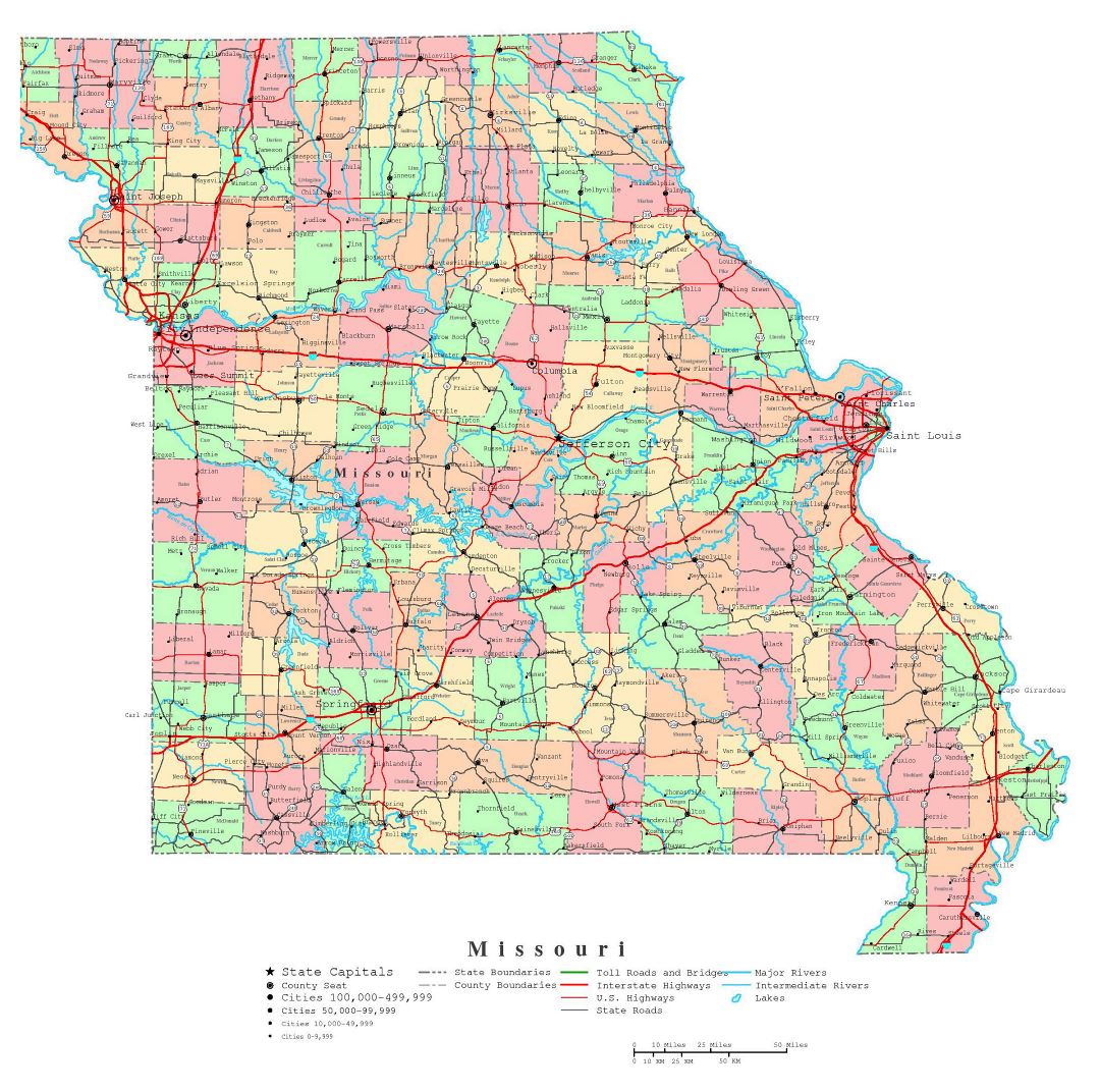 Large detailed administrative map of Missouri state with roads, highways and cities