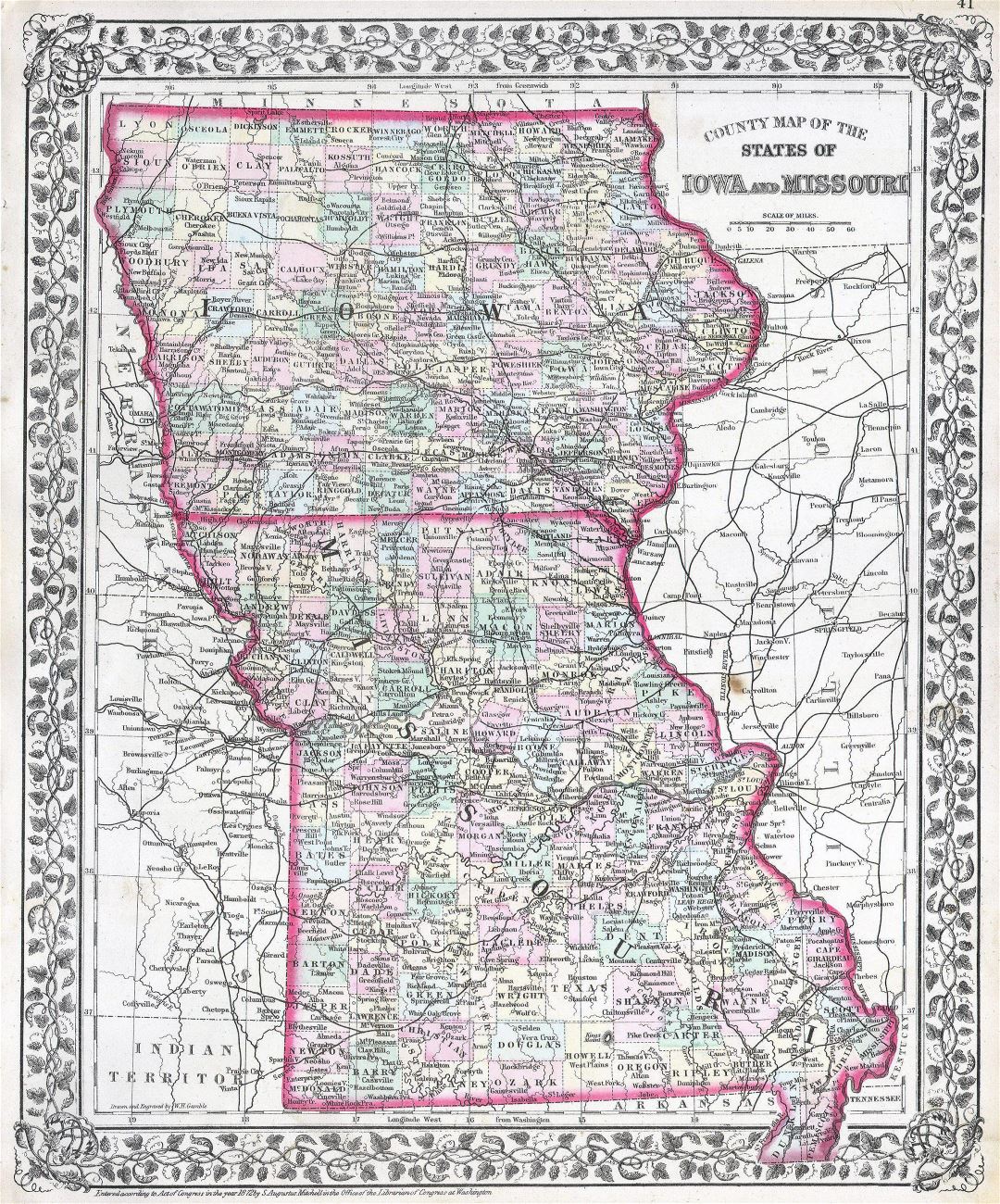 Large detailed old administrative map of Iowa and Missouri states - 1874