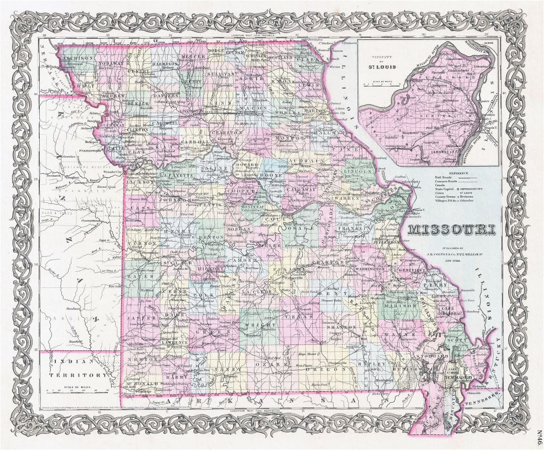 Large detailed old administrative map of Missouri state with roads, railroads and cities - 1855