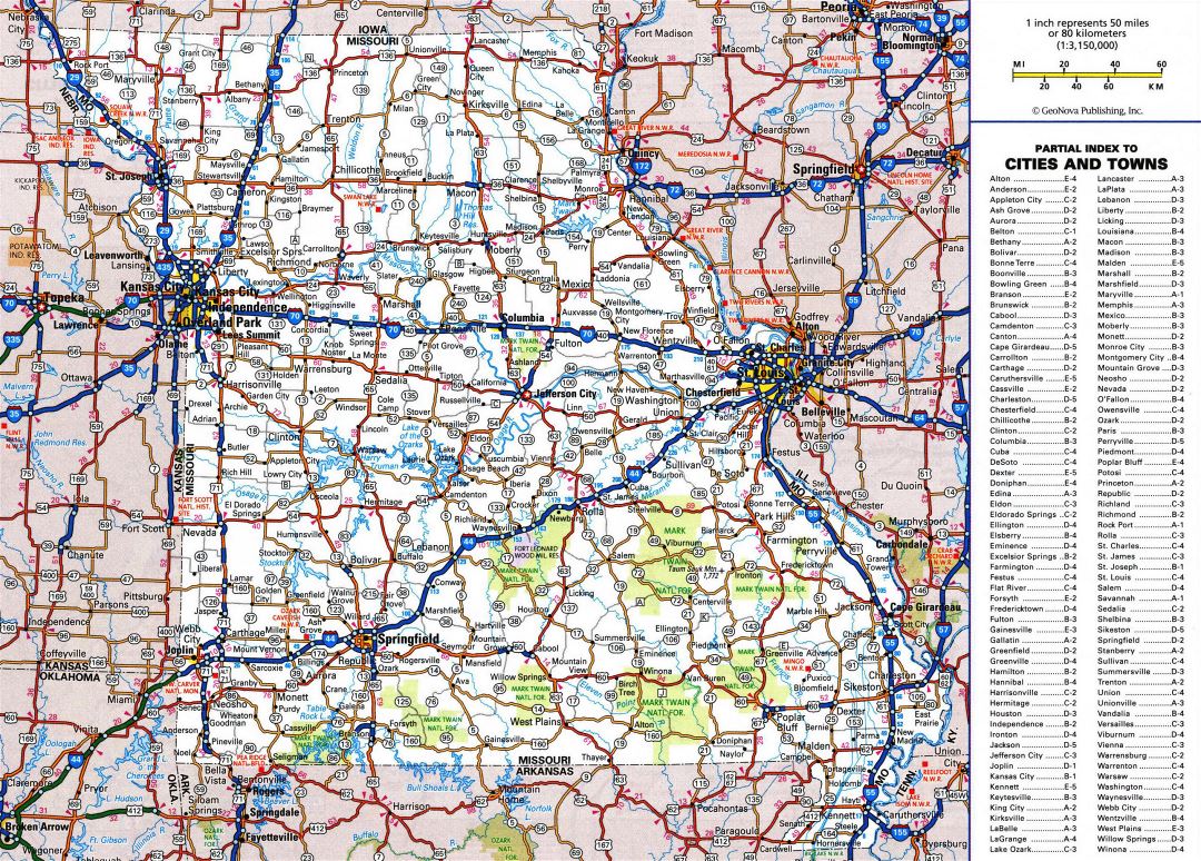 Large detailed roads and highways map of Missouri state with all cities and national parks