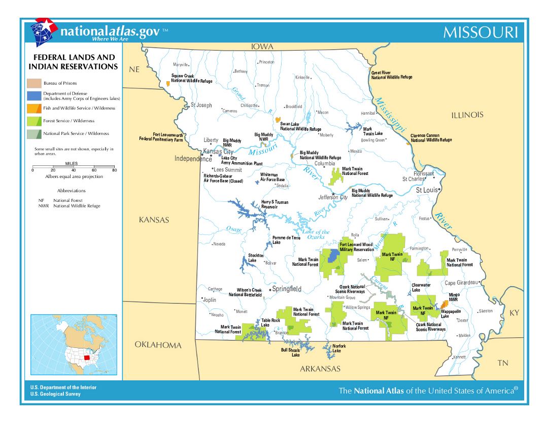 Large map of Missouri state federal lands and indian reservations