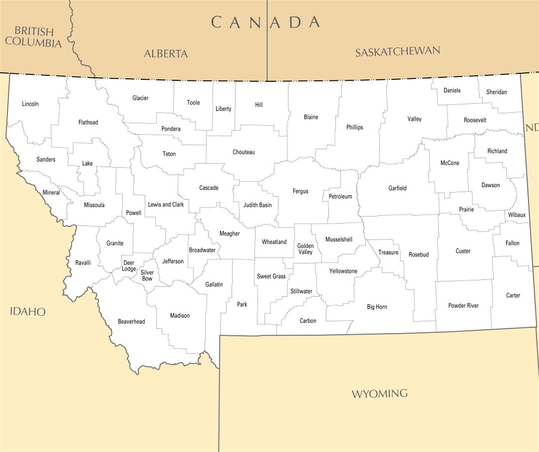 Large administrative map of Montana state