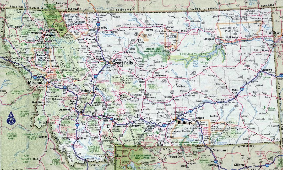 Large detailed roads and highways map of Montana state with all cities