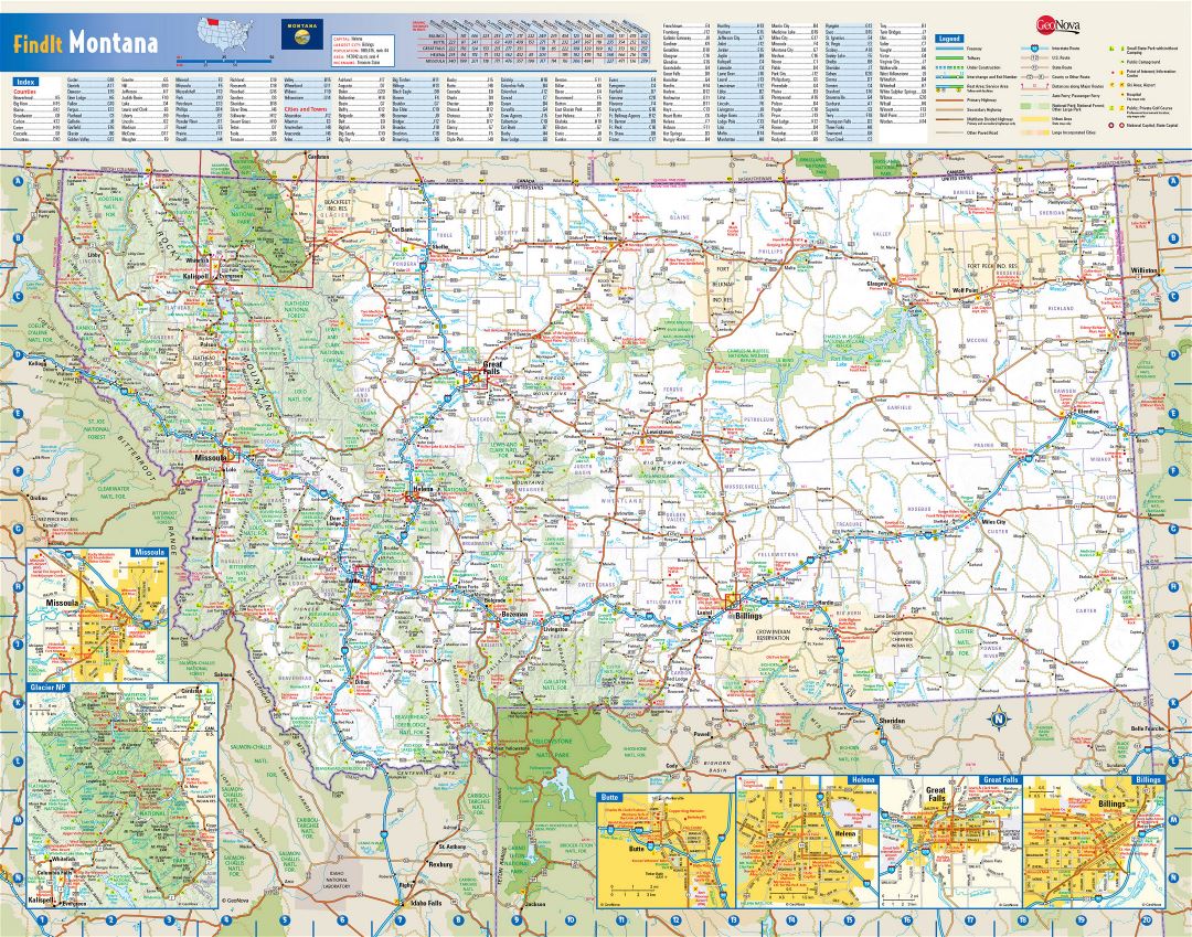 Large detailed roads and highways map of Montana state with national parks, all cities, towns and villages