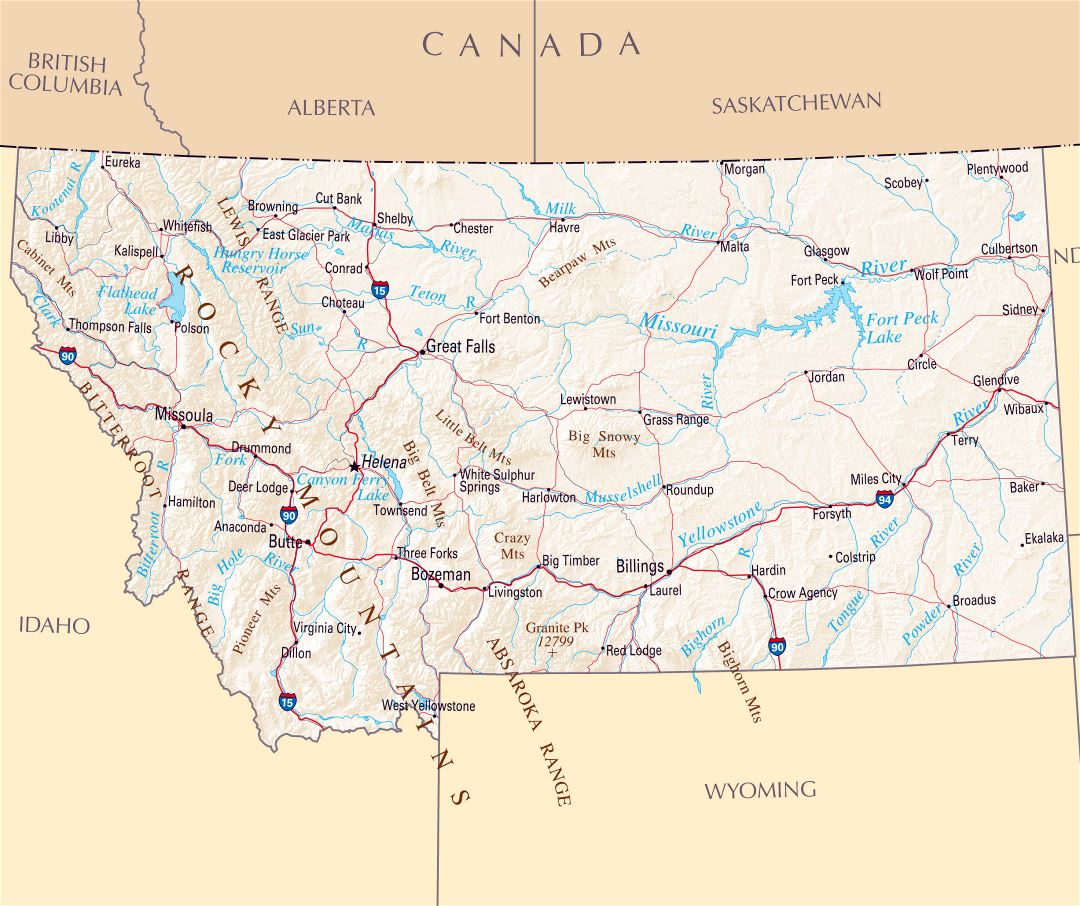 Large map of Montana state with roads, highways, relief and major cities