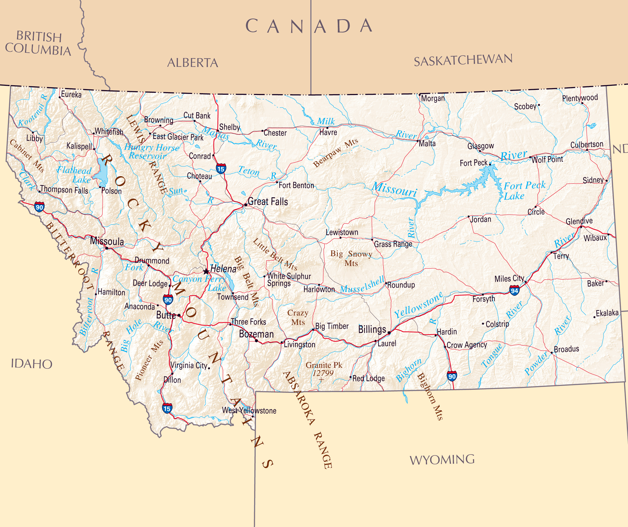 Large map of Montana state with roads, highways, relief and major