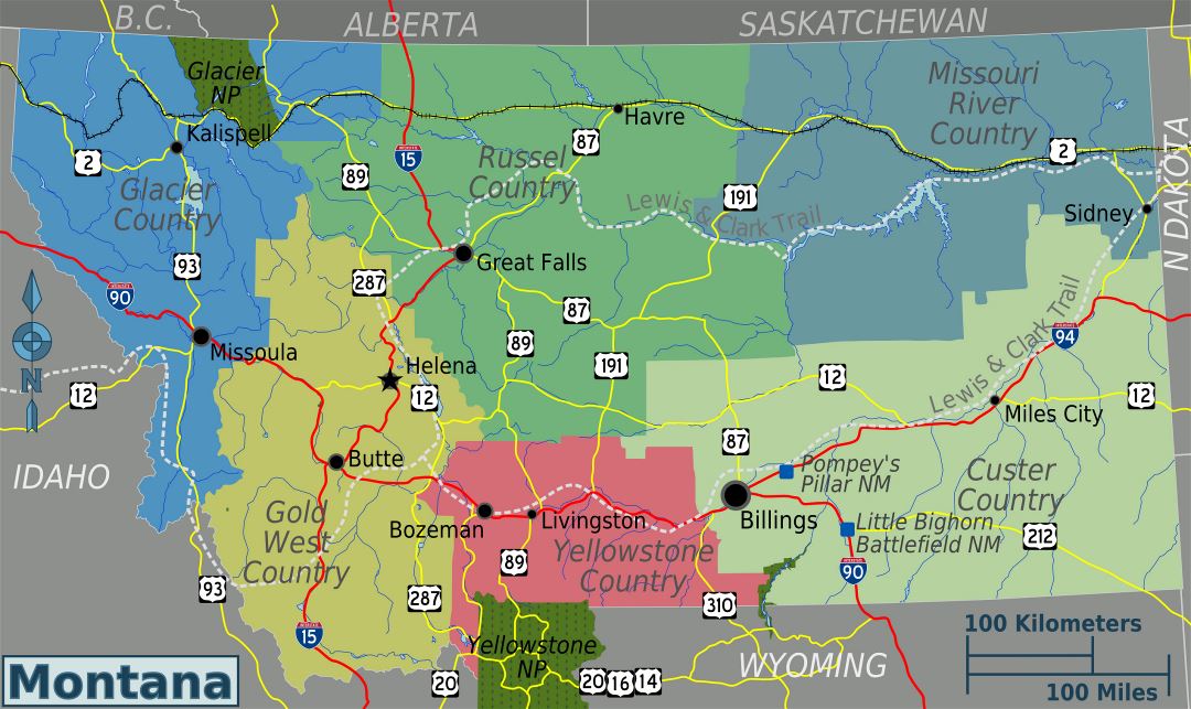 Large regions map of Montana state