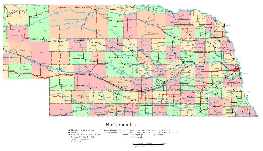 Large detailed administrative map of Nebraska state with roads, highways and cities