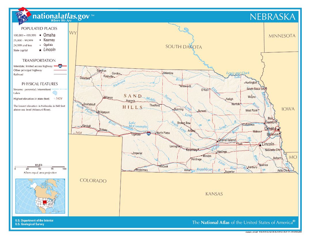 Large detailed map of Nebraska state