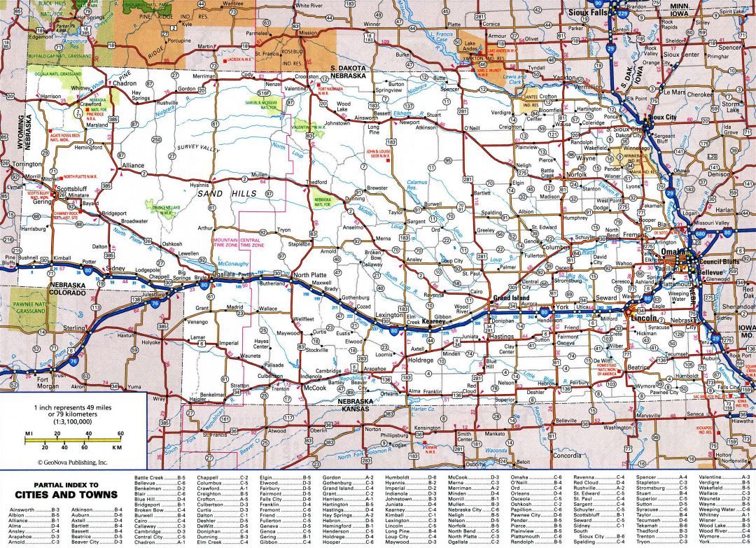 Large detailed roads and highways map of Nebraska state with all cities and national parks