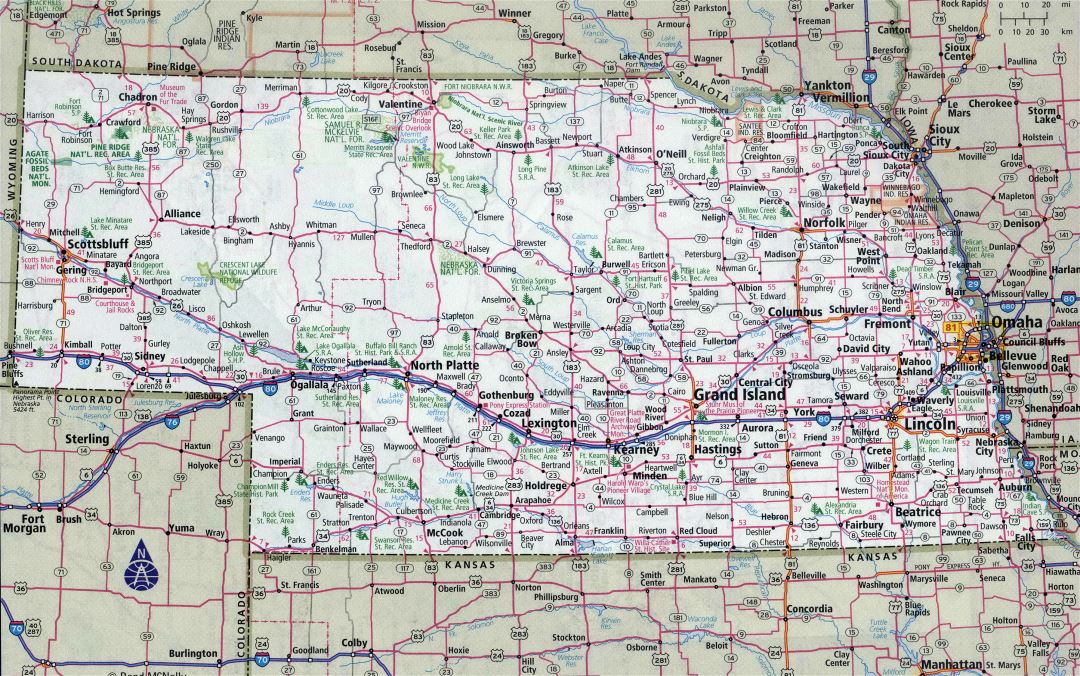 Large detailed roads and highways map of Nebraska state with all cities