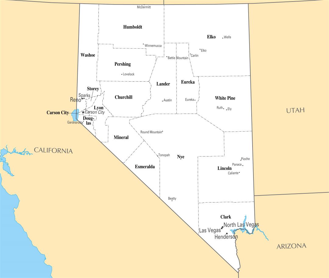 Large administrative map of Nevada state with major cities