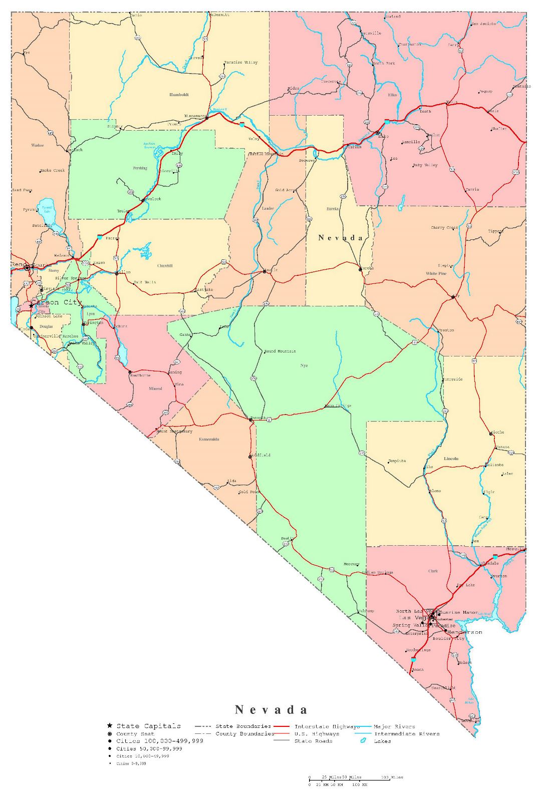 Large detailed administrative map of Nevada state with roads, highways and cities