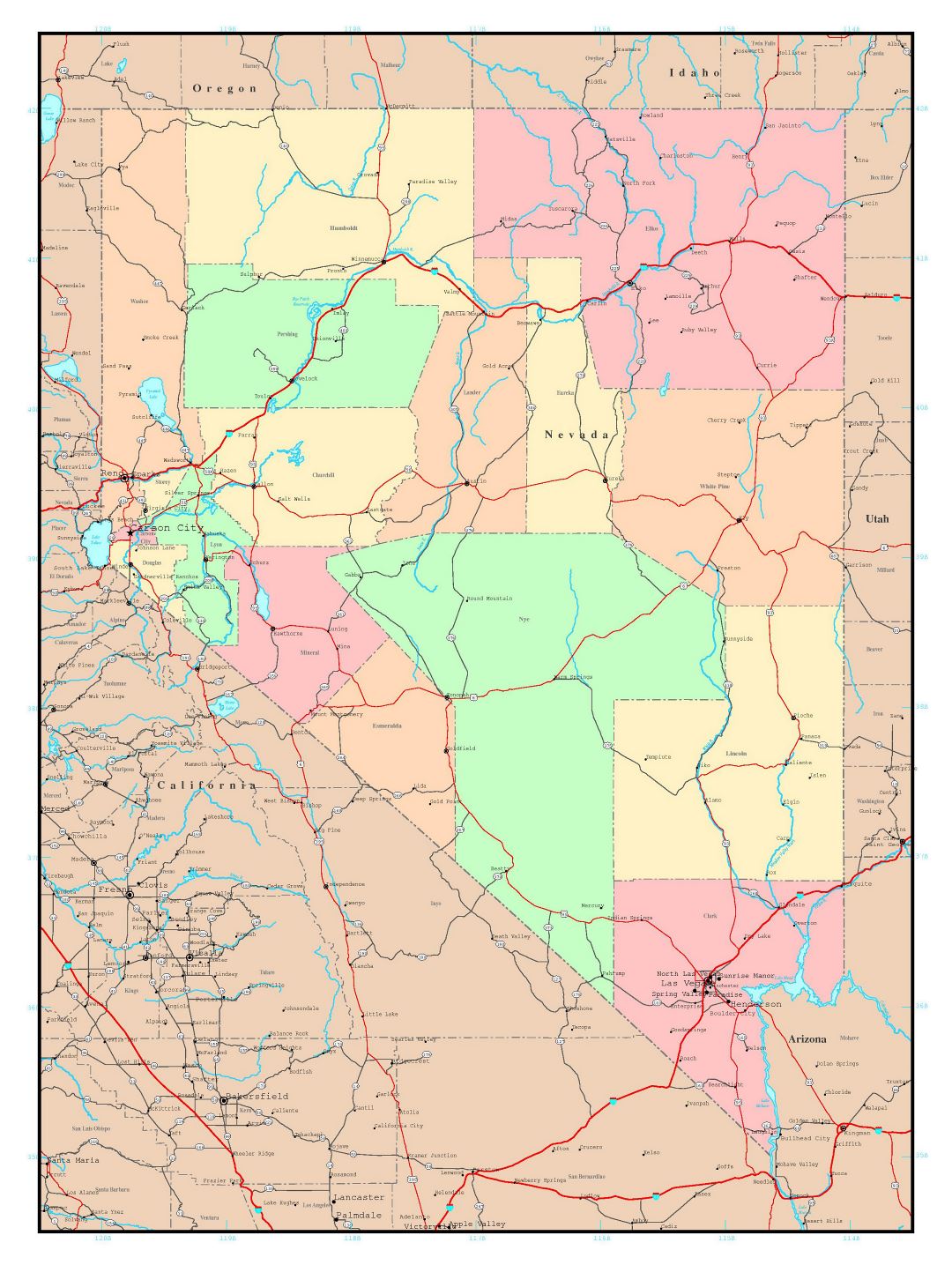 Large detailed administrative map of Nevada state with roads, highways and major cities