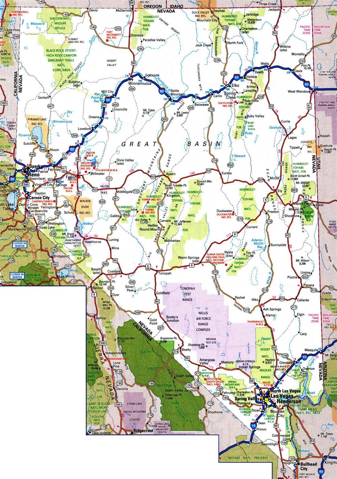 Large detailed roads and highways map of Nevada state with cities and national parks