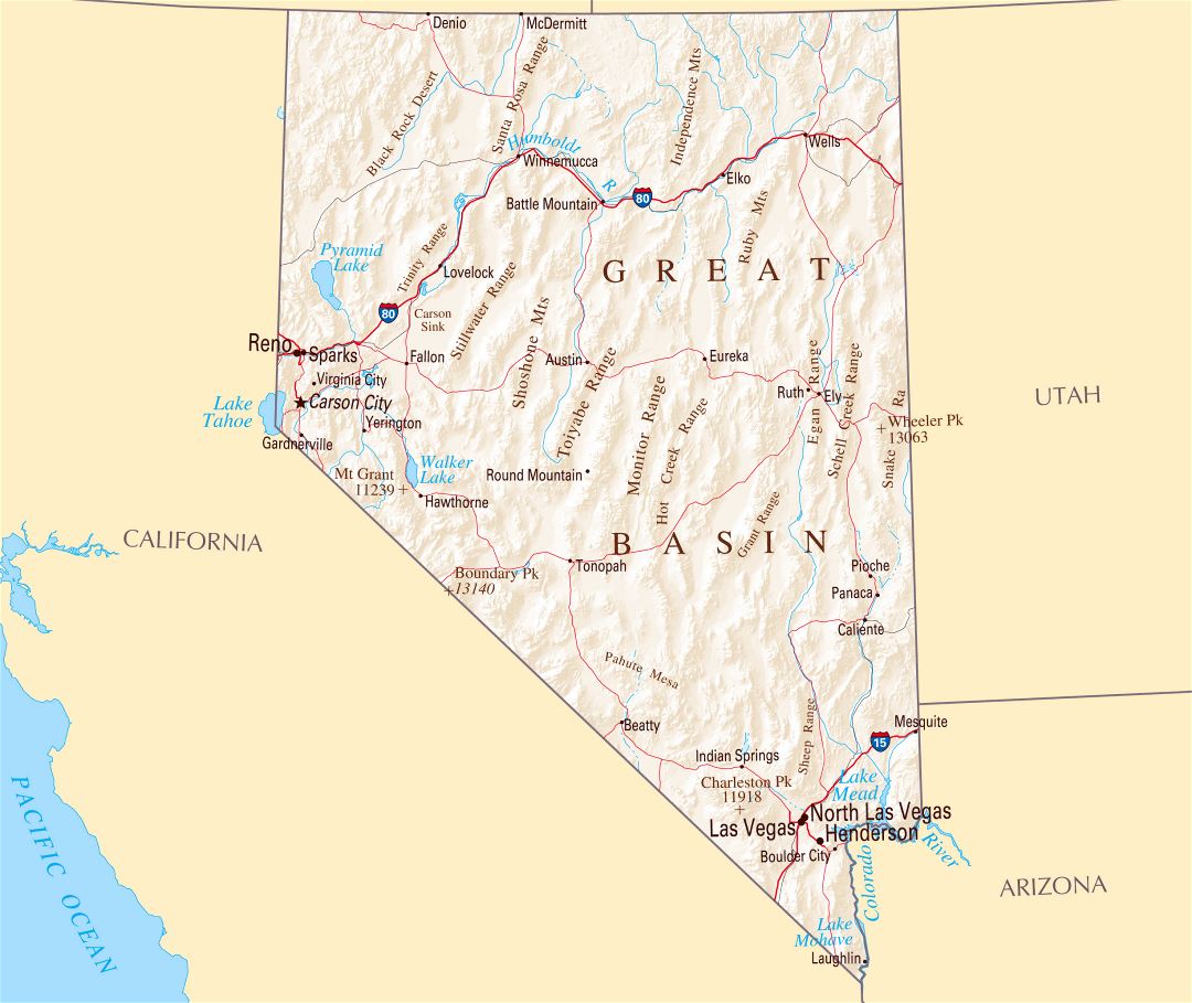 Large map of Nevada state with roads, highways, relief and major cities
