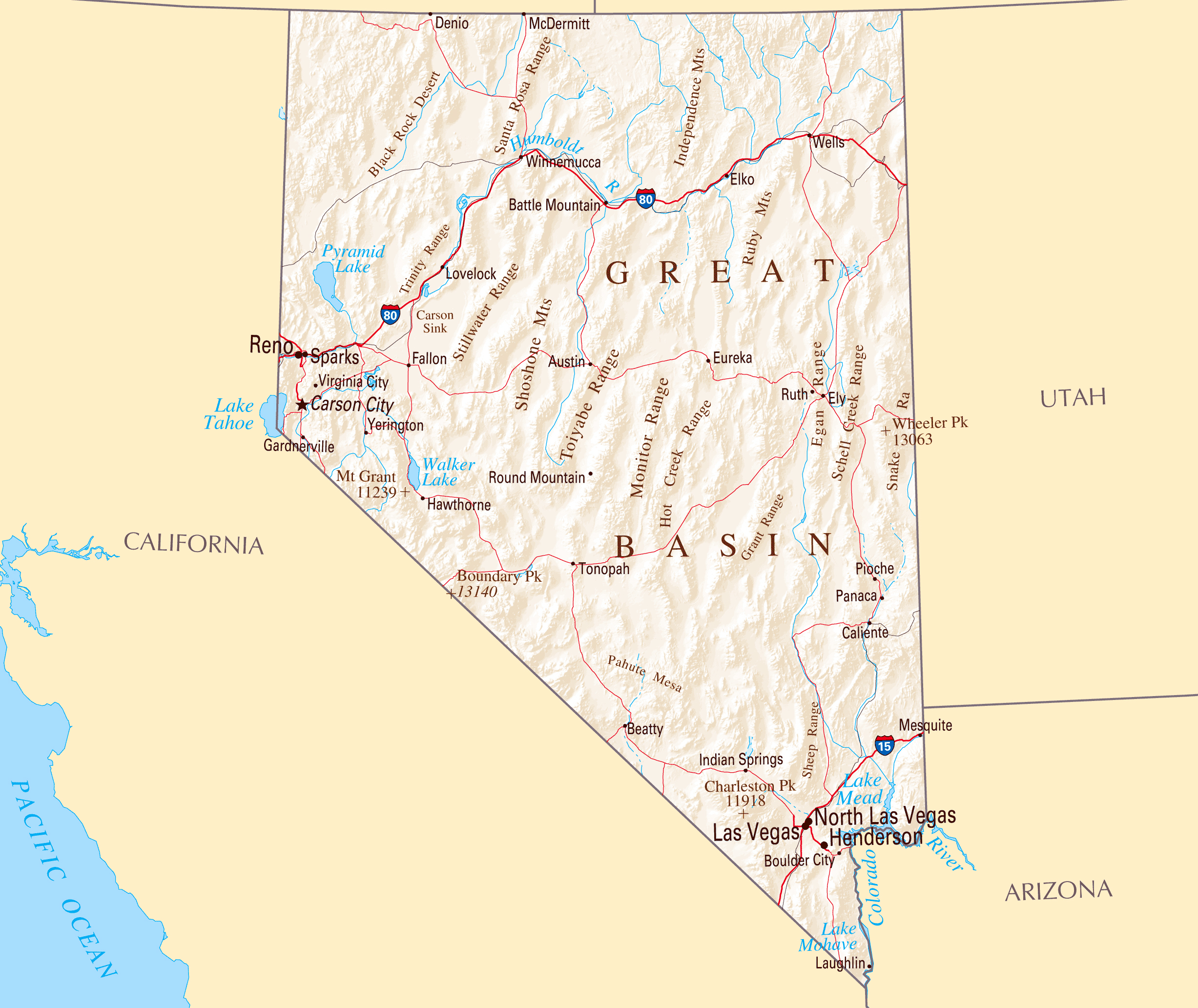 Large Map Of Nevada State With Roads Highways Relief And Major