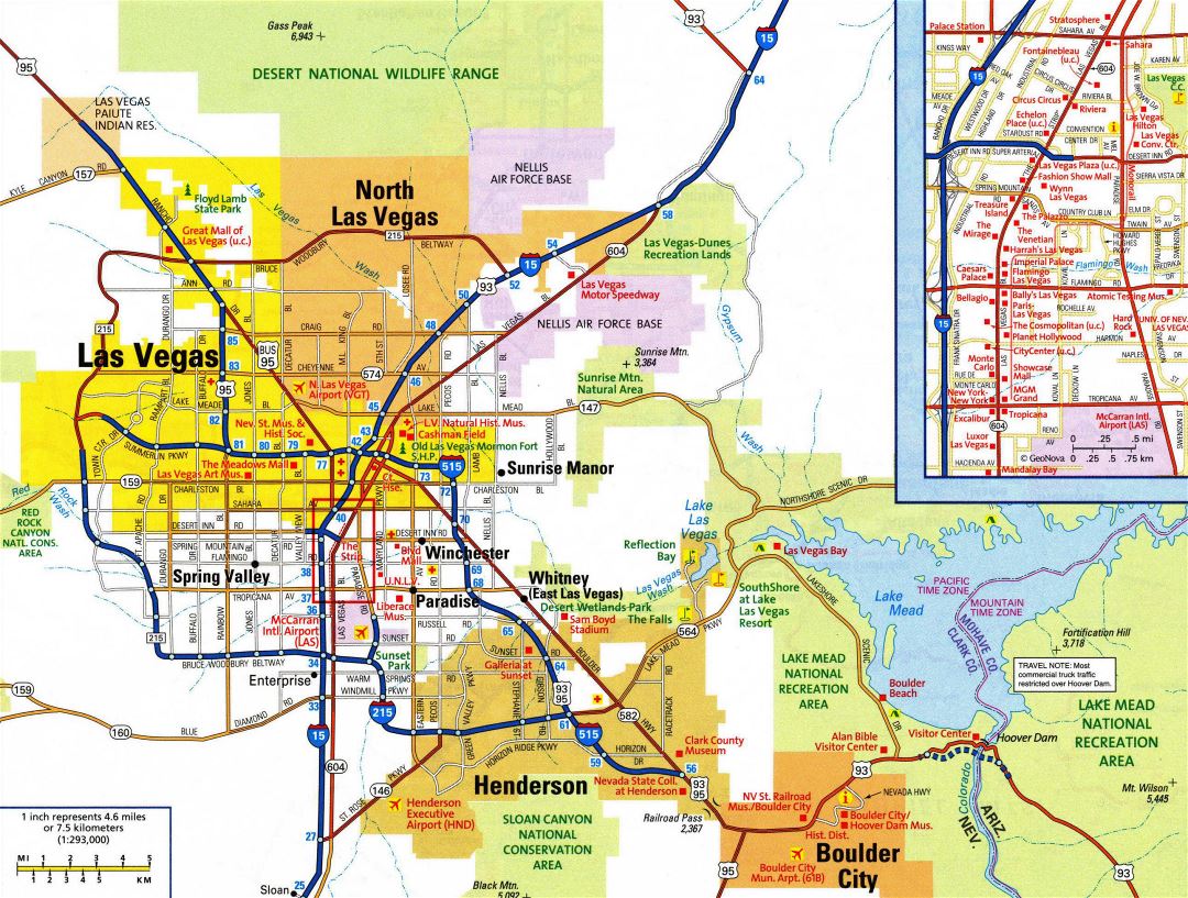 Large detailed road map of Las Vegas city with airports